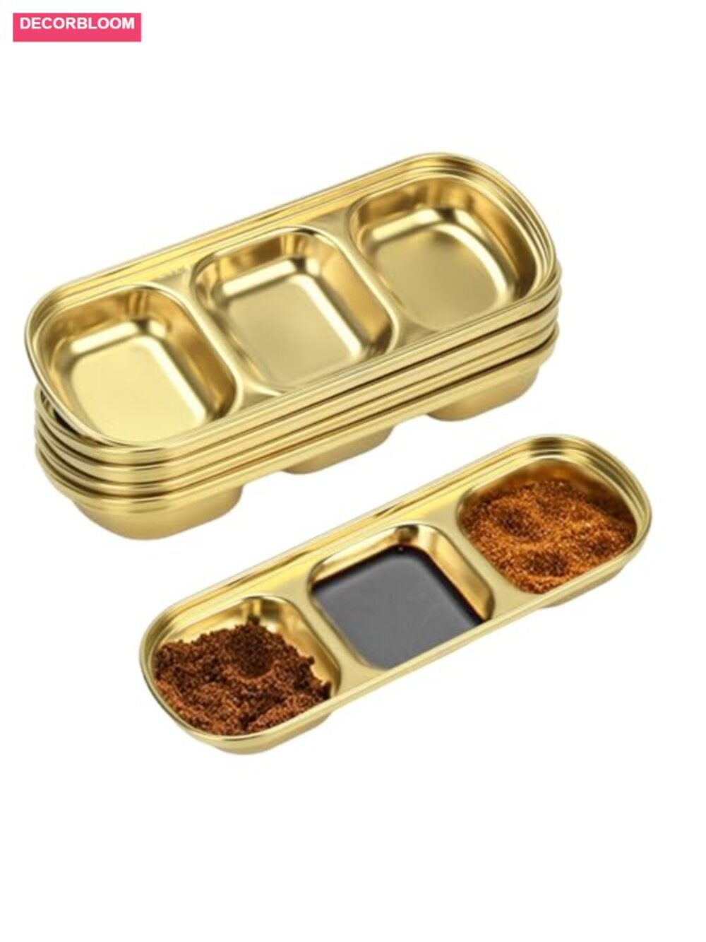 6 Pc Stainless Steel Soy Sauce Dish Set 3 Compartment Dipping Bowls